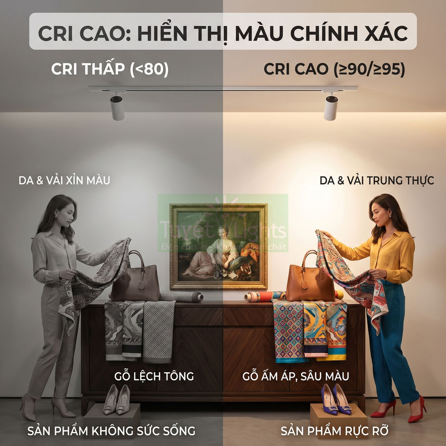 So sánh đèn rọi ray CRI thấp và CRI cao chiếu vào khăn lụa, túi xách da, giày cao gót và tủ gỗ trong phòng trưng bày