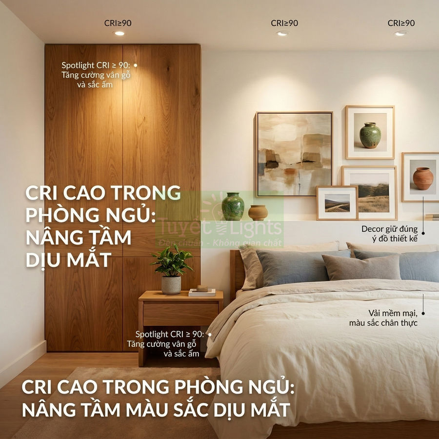 Đèn spotlight CRI cao chiếu sáng phòng ngủ gỗ hiện đại, làm nổi bật màu sắc nội thất và tranh trang trí