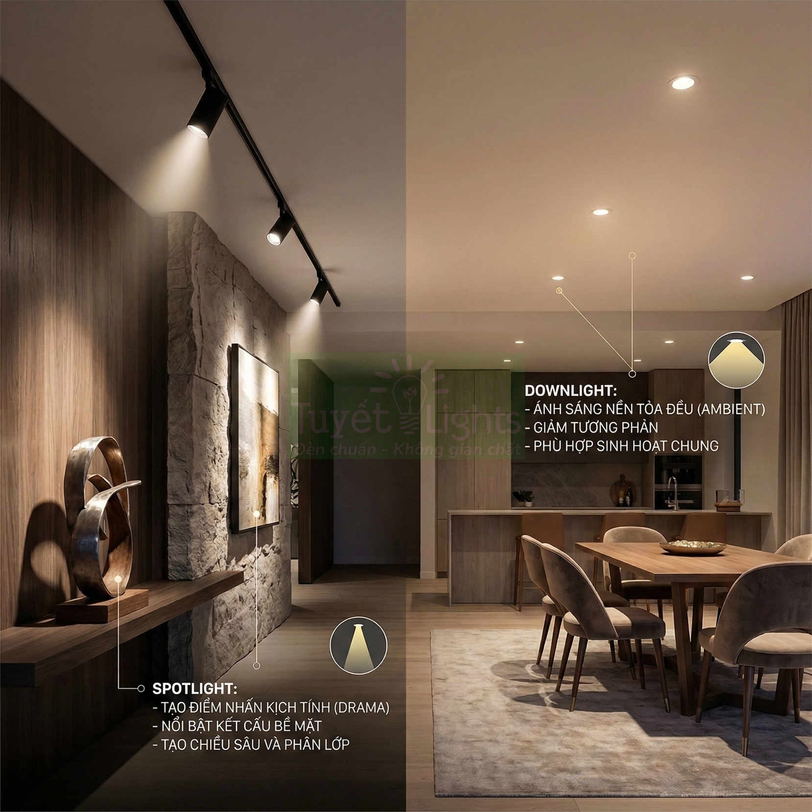 Không gian phòng ăn hiện đại với đèn downlight âm trần và đèn spotlight rọi ray trang trí tường gỗ đá