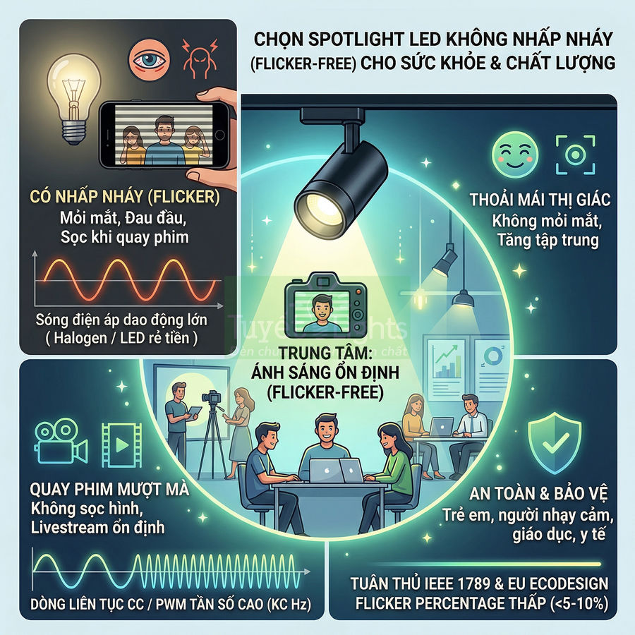 Đèn spotlight LED không nhấp nháy cho quay phim, livestream và làm việc, bảo vệ mắt và tăng tập trung