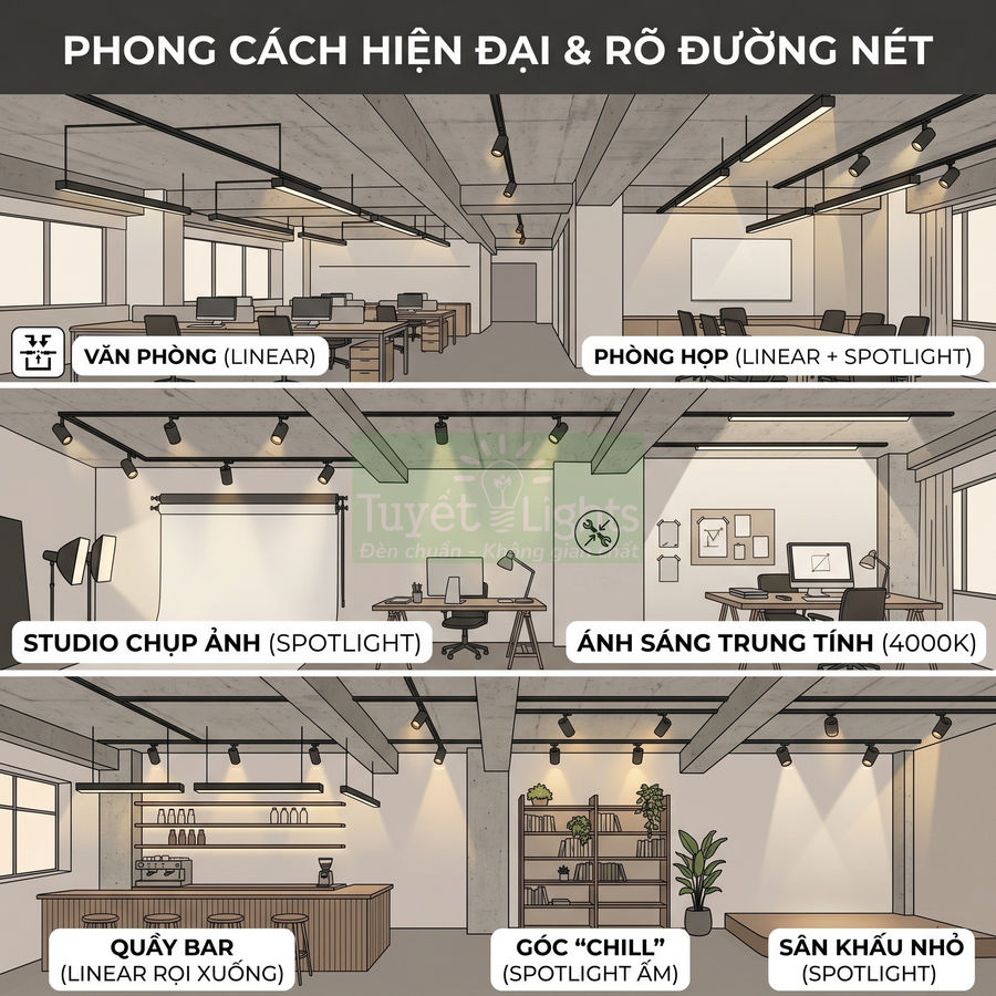 Đèn ray nam châm Tuyết Lights chiếu sáng văn phòng, phòng họp, studio, quầy bar và góc chill phong cách hiện đại