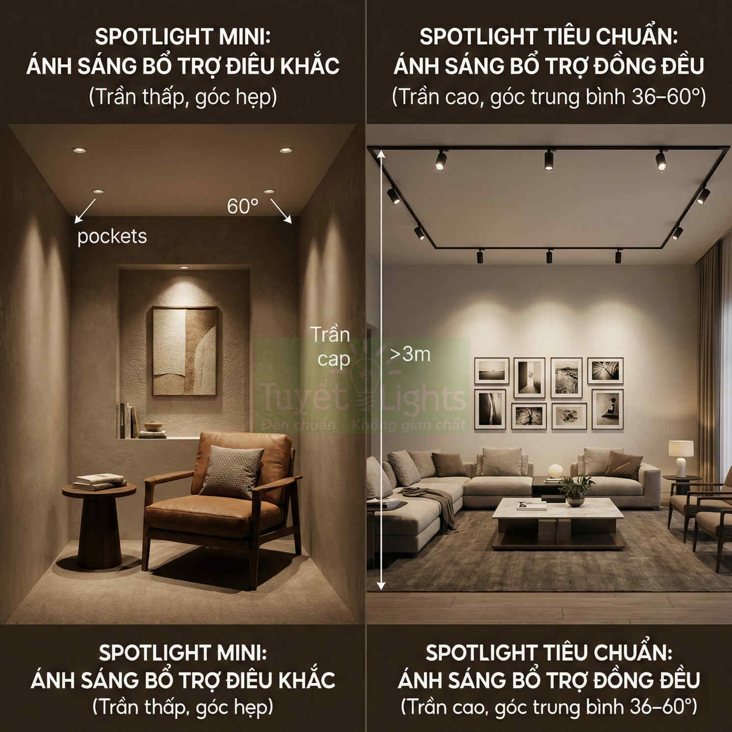 So sánh đèn spotlight mini và spotlight tiêu chuẩn chiếu sáng phòng khách và góc đọc sách hiện đại