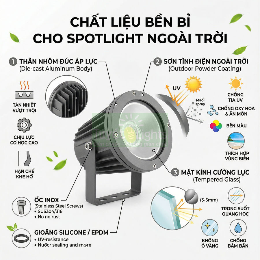 Đèn spotlight ngoài trời vỏ nhôm đúc, kính cường lực, sơn tĩnh điện chống tia UV và ăn mòn, dùng cho không gian ngoài trời