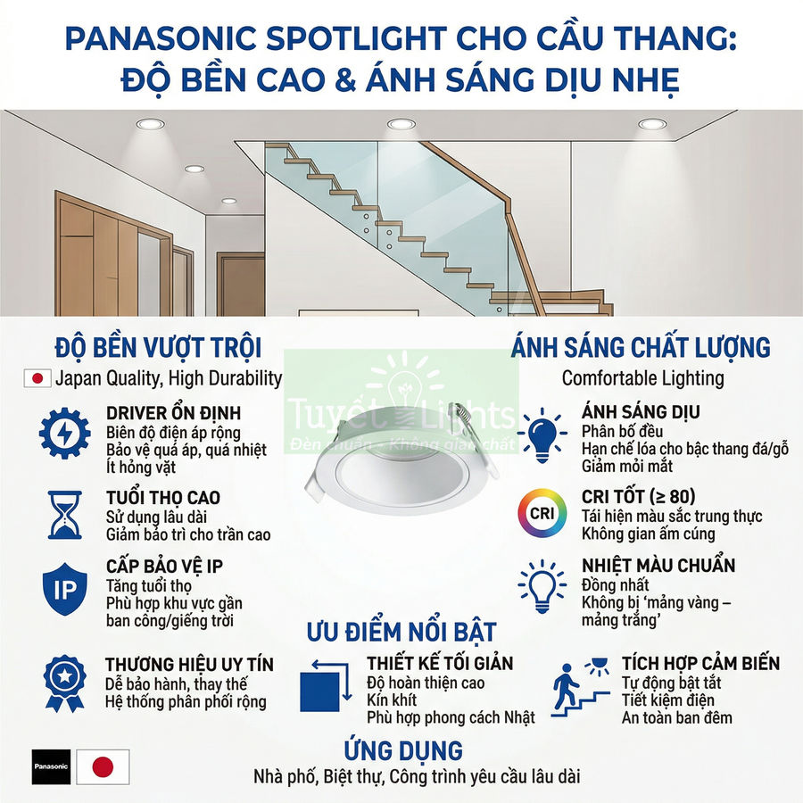 Đèn spotlight Panasonic cho cầu thang ánh sáng dịu, thiết kế âm trần hiện đại, độ bền cao