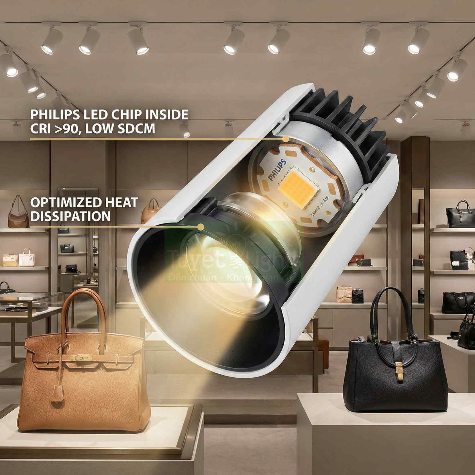 Đèn rọi ray LED dùng chip Philips chiếu sáng cửa hàng túi xách cao cấp