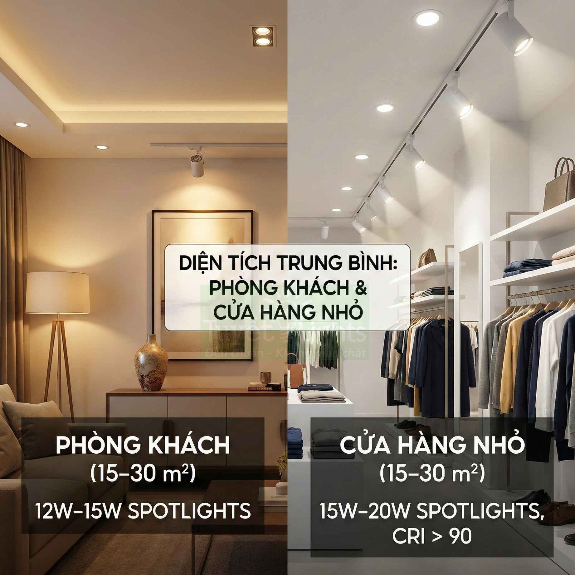 Đèn spotlight LED chiếu sáng phòng khách và cửa hàng nhỏ, gợi ý công suất phù hợp cho từng không gian