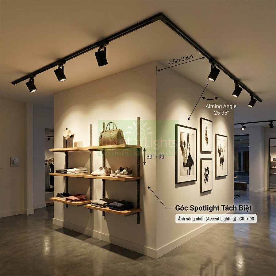 Đèn rọi ray spotlight chiếu sáng kệ trưng bày quần áo giày dép trong cửa hàng thời trang hiện đại