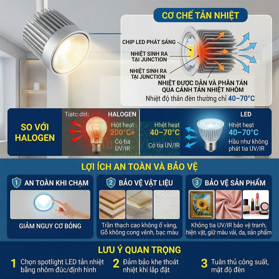 Đèn LED spotlight tản nhiệt nhôm so sánh với bóng halogen, nêu ưu điểm an toàn và bảo vệ vật liệu, sản phẩm