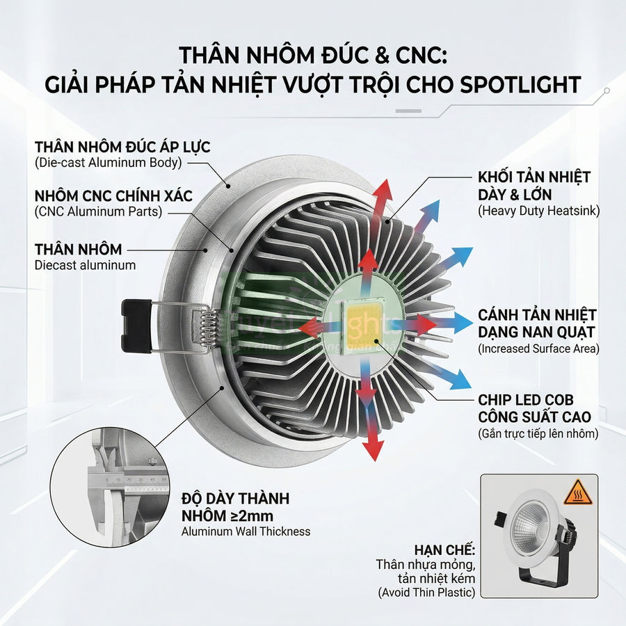 Đèn spotlight LED COB thân nhôm đúc tản nhiệt lớn với cánh tản nhiệt dạng nan quạt hiệu suất cao