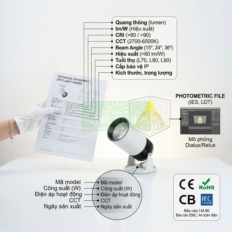 Đèn LED spotlight trắng kèm bảng thông số kỹ thuật và chứng nhận CE RoHS CB IEC