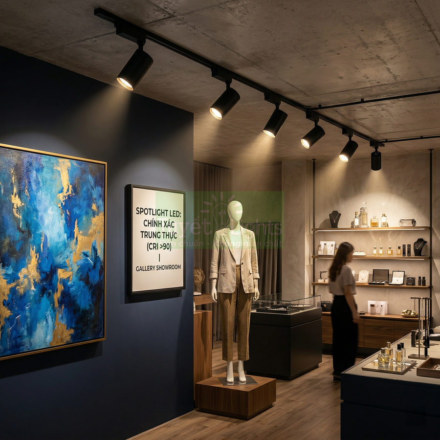 Đèn rọi ray LED chiếu sáng showroom thời trang với ma nơ canh và kệ trưng bày sản phẩm cao cấp