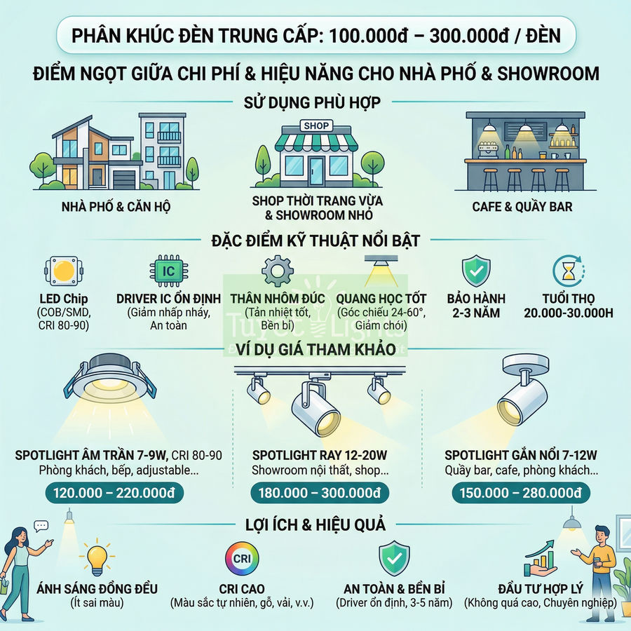 Infographic giới thiệu đèn spotlight trung cấp 100k–300k cho nhà phố, showroom, quán cafe, nêu tính năng và giá tham khảo