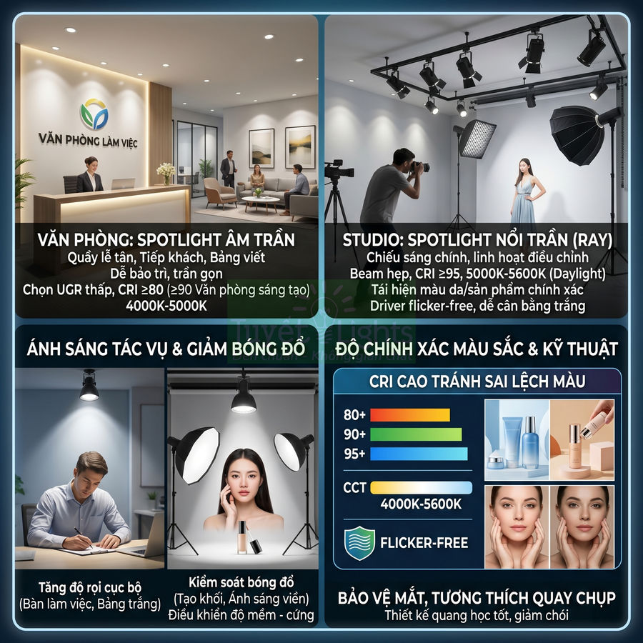 Đèn spotlight âm trần và spotlight ray chiếu sáng văn phòng, studio chụp ảnh, tăng độ sáng và giảm bóng đổ