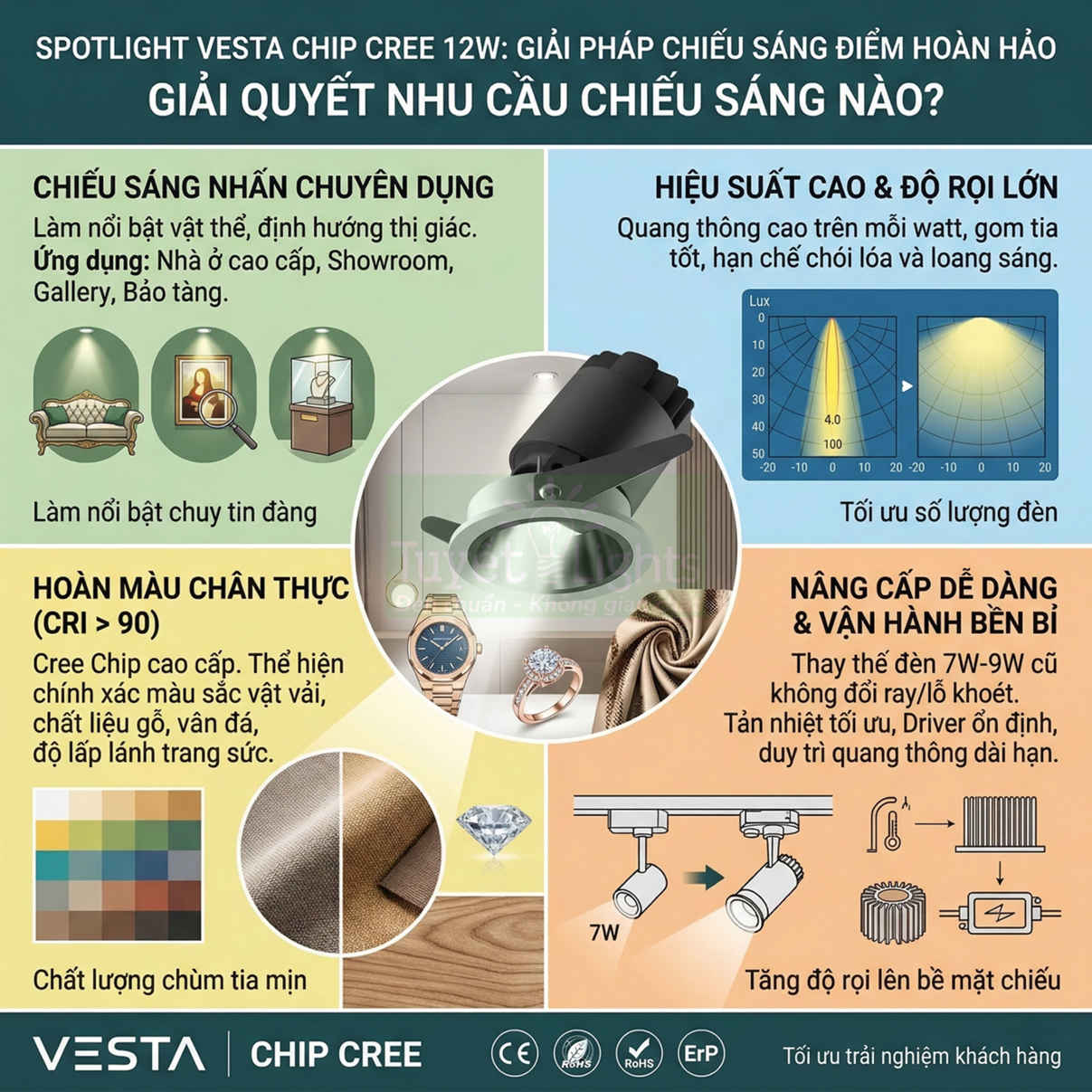 Đèn spotlight âm trần Vesta chip Cree 12W chiếu điểm, hoàn màu cao, hiệu suất lớn cho nội thất cao cấp