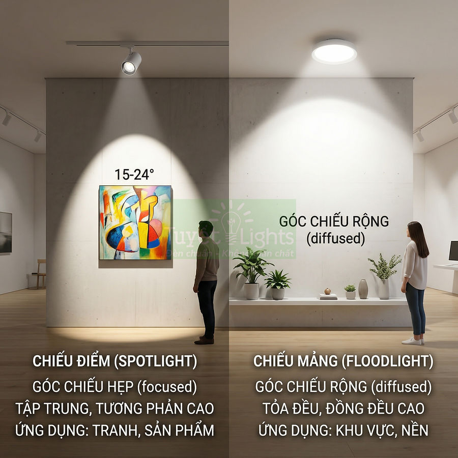So sánh đèn spotlight góc chiếu hẹp chiếu tranh và đèn floodlight góc chiếu rộng chiếu sáng đều không gian