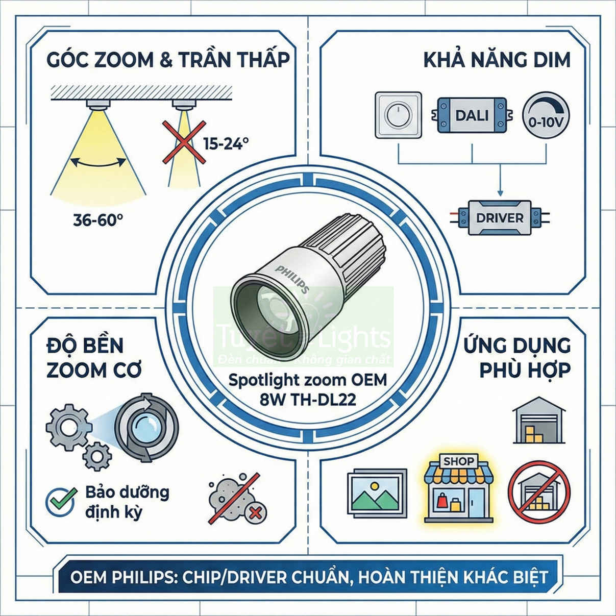 Đèn spotlight zoom Philips OEM 8W TH DL22, góc chiếu điều chỉnh, hỗ trợ dim và dùng cho cửa hàng, nhà kho