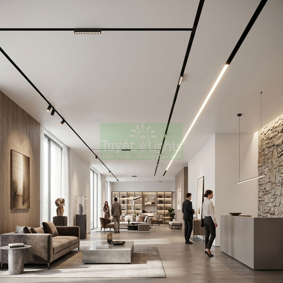 Đèn led thanh ray âm trần Tuyết Lights chiếu sáng không gian phòng khách và sảnh làm việc hiện đại
