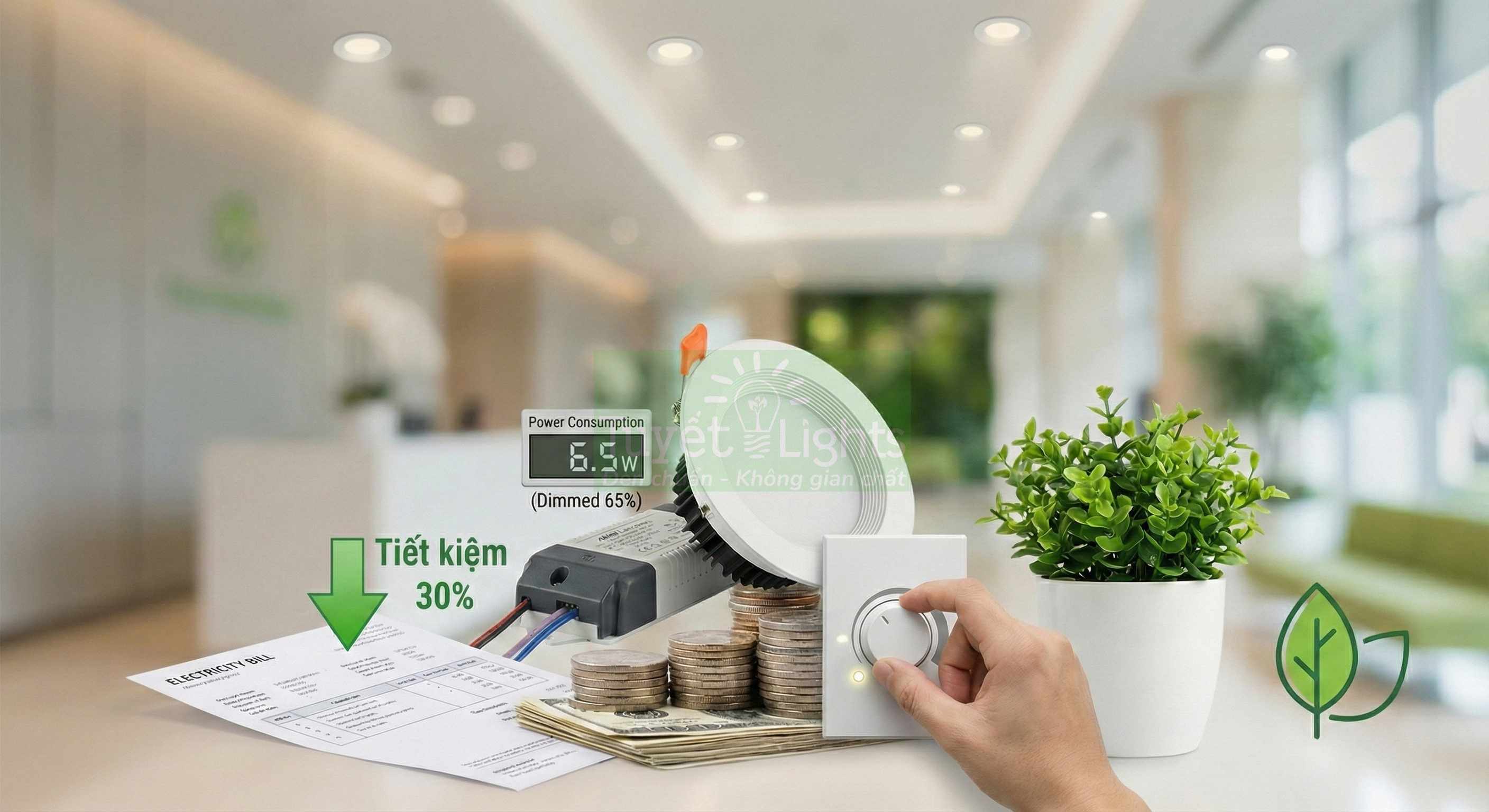 Đèn LED âm trần tiết kiệm điện với bộ điều chỉnh độ sáng, tiền xu và hóa đơn điện giảm 30%