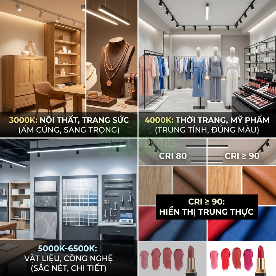 Đèn LED rọi ray chiếu sáng nội thất, thời trang, vật liệu với các mức nhiệt màu và chỉ số CRI khác nhau
