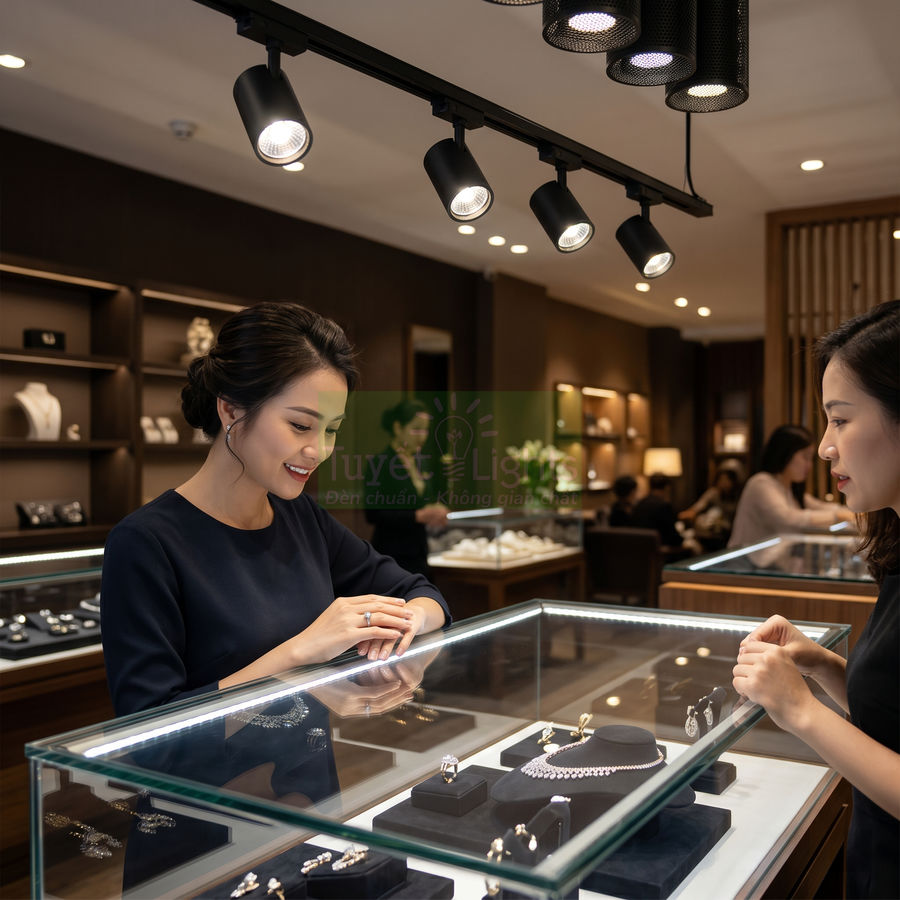 Đèn rọi ray chiếu sáng tủ kính trưng bày trang sức trong cửa hàng cao cấp