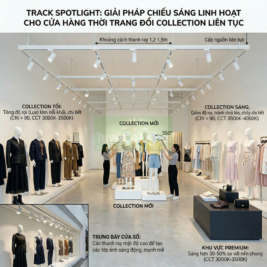 Hệ thống đèn rọi ray chiếu sáng cửa hàng thời trang với mannequin trưng bày nhiều bộ sưu tập quần áo