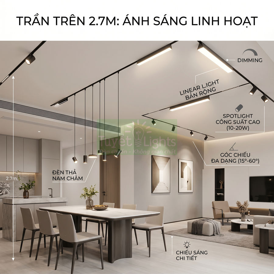 Phòng khách bếp hiện đại với hệ đèn ray nam châm Tuyết Lights, spotlight và linear light chiếu sáng trần trên 2.7m