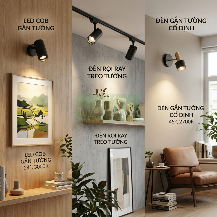 Đèn LED gắn tường và đèn rọi ray treo tường trang trí phòng khách hiện đại, chiếu tranh và kệ sách