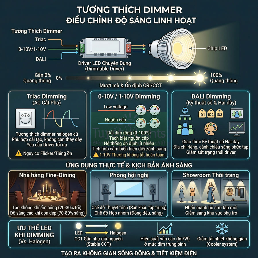 Infographic hướng dẫn sử dụng dimmer cho đèn LED dimmable, các kiểu điều chỉnh độ sáng và ứng dụng chiếu sáng thực tế