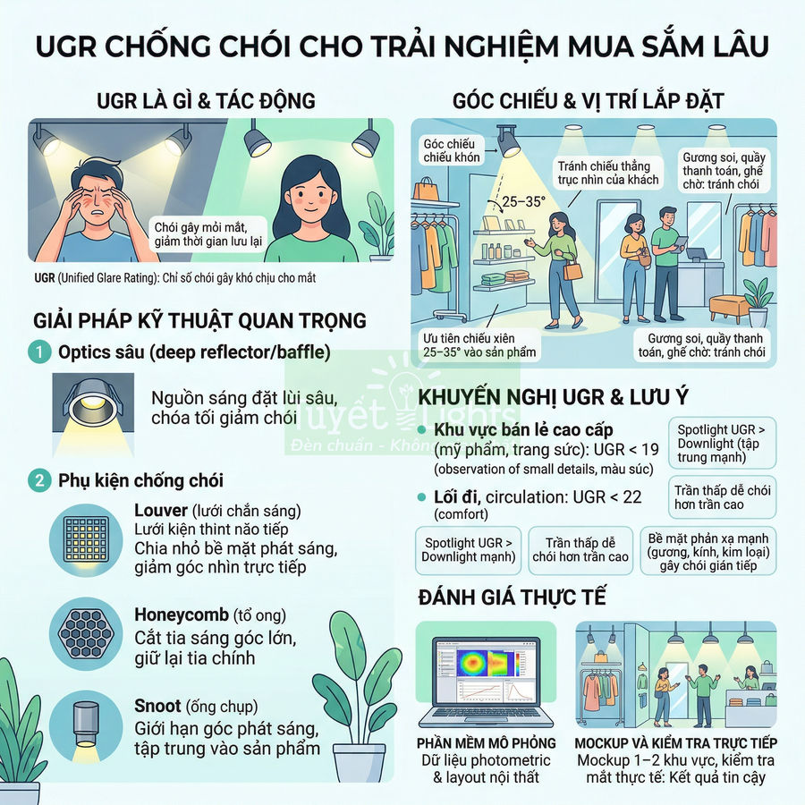 Infographic hướng dẫn chọn đèn chiếu sáng chống chói UGR thấp cho cửa hàng thời trang và khu vực bán lẻ