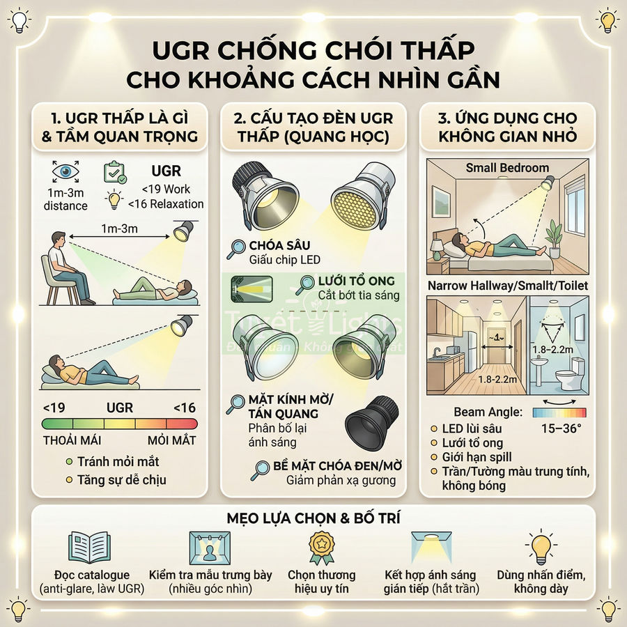 Infographic đèn LED âm trần UGR chống chói thấp cho phòng ngủ, hành lang và nhà vệ sinh nhỏ