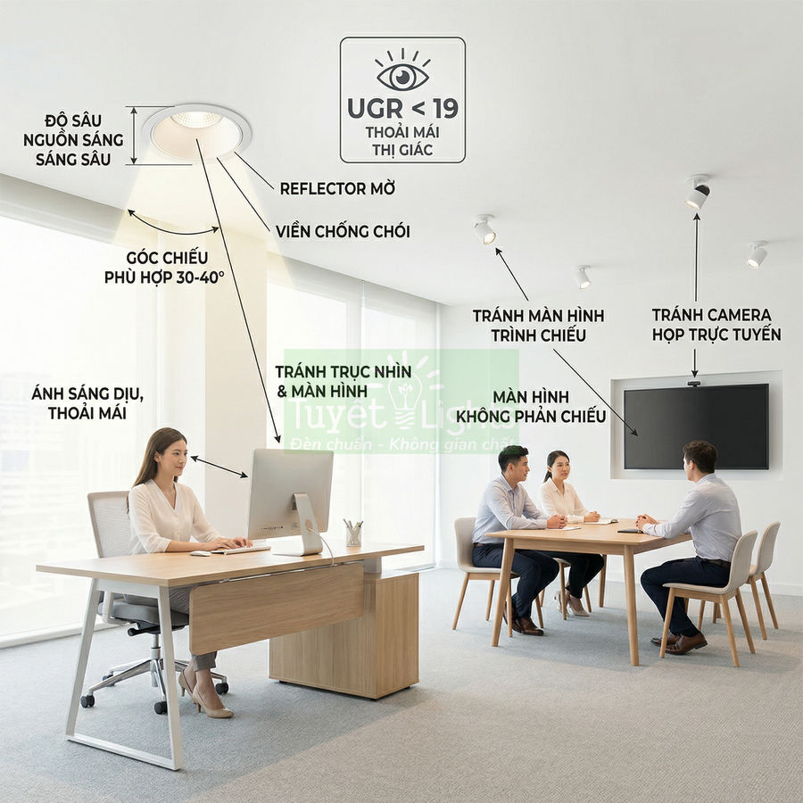 Đèn âm trần văn phòng ánh sáng dịu chống chói, chiếu sáng bàn làm việc và phòng họp hiện đại