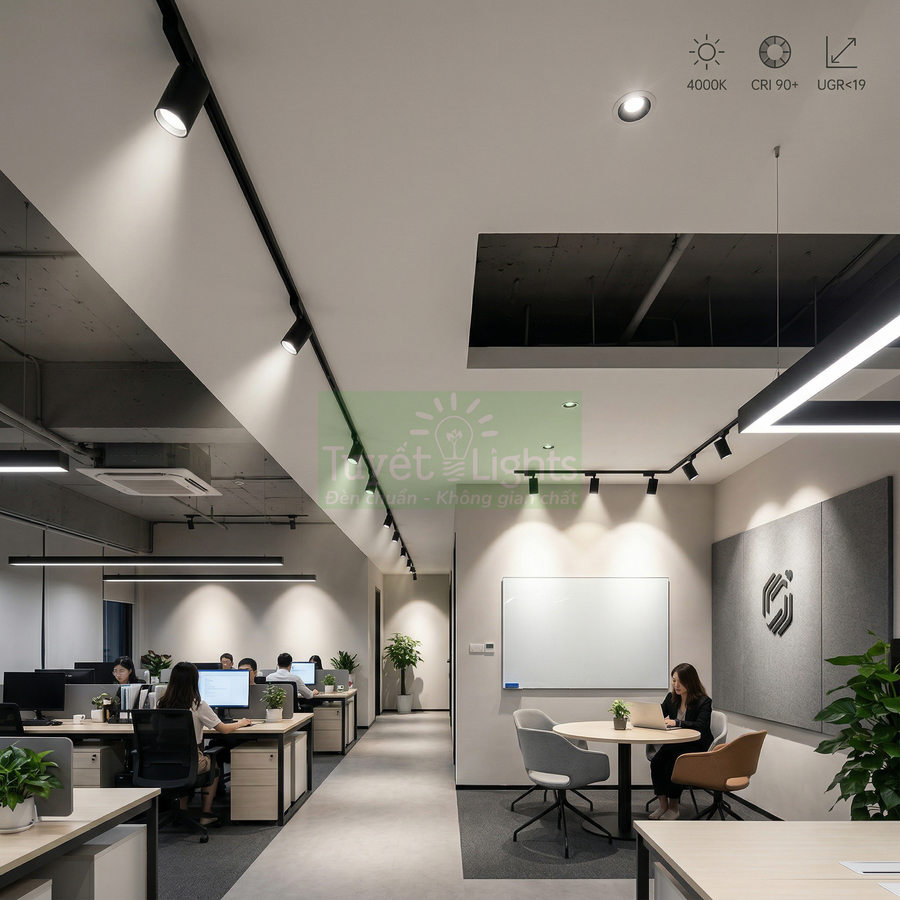 Đèn rọi ray LED chiếu sáng văn phòng hiện đại với bàn làm việc và khu vực tiếp khách