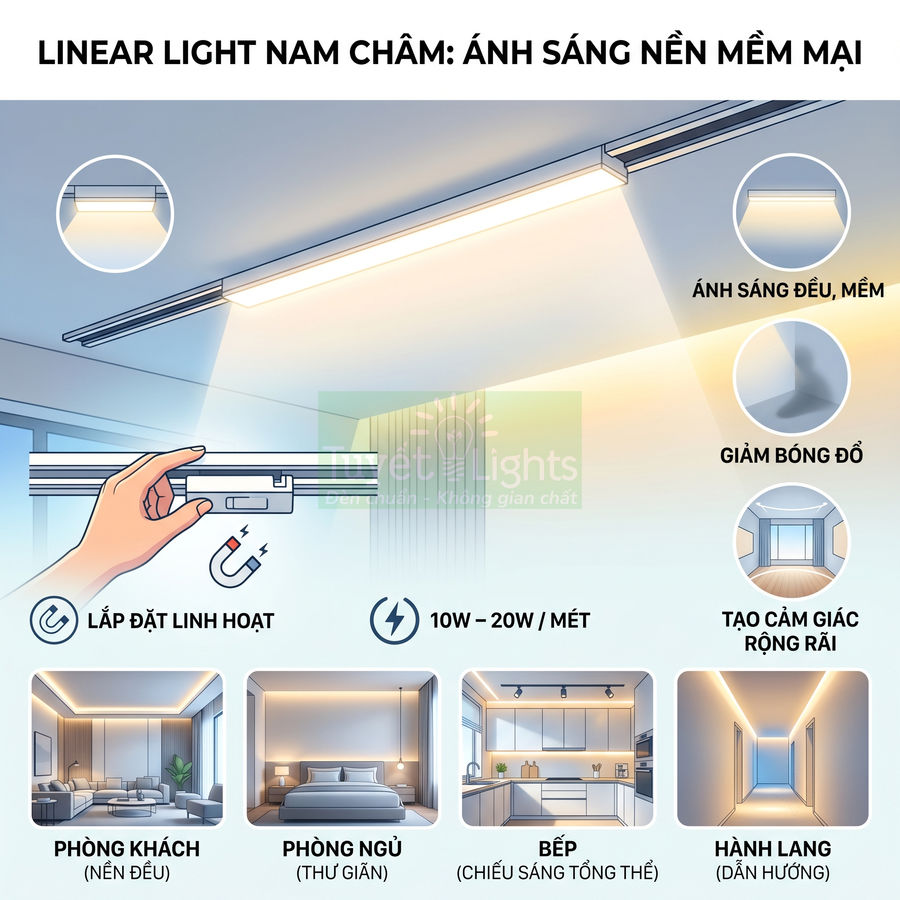 Đèn linear nam châm ánh sáng nền mềm, lắp trần cho phòng khách, phòng ngủ, bếp và hành lang