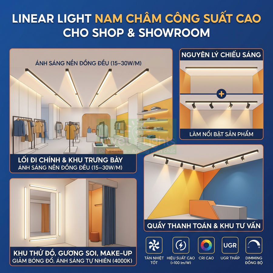 Đèn linear nam châm công suất cao chiếu sáng shop thời trang, khu trưng bày, quầy thanh toán và phòng thử đồ