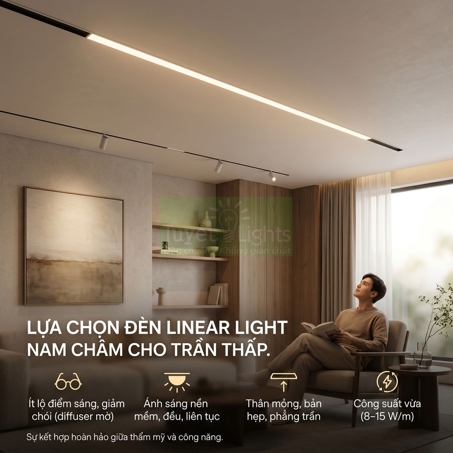 Đèn linear light nam châm lắp trần thấp trong phòng khách hiện đại, ánh sáng nền mềm và đều