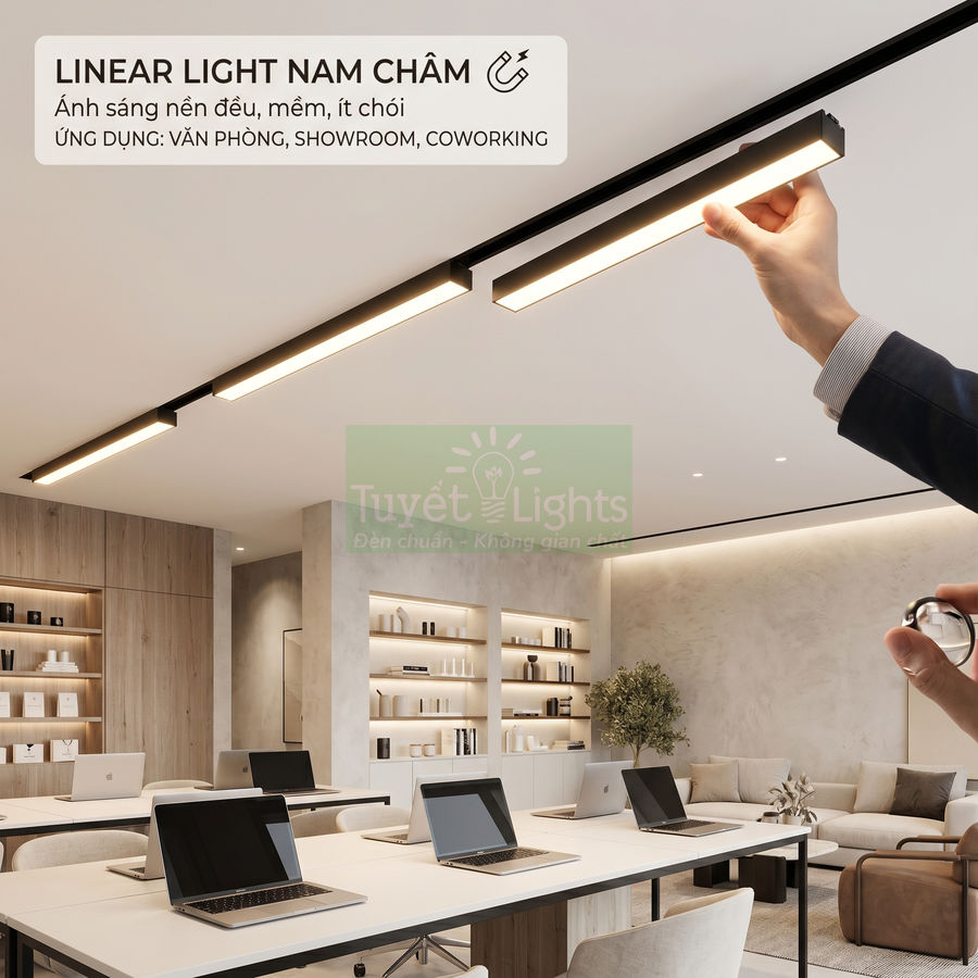 Đèn linear nam châm Tuyết Lights chiếu sáng văn phòng hiện đại với bàn làm việc và laptop