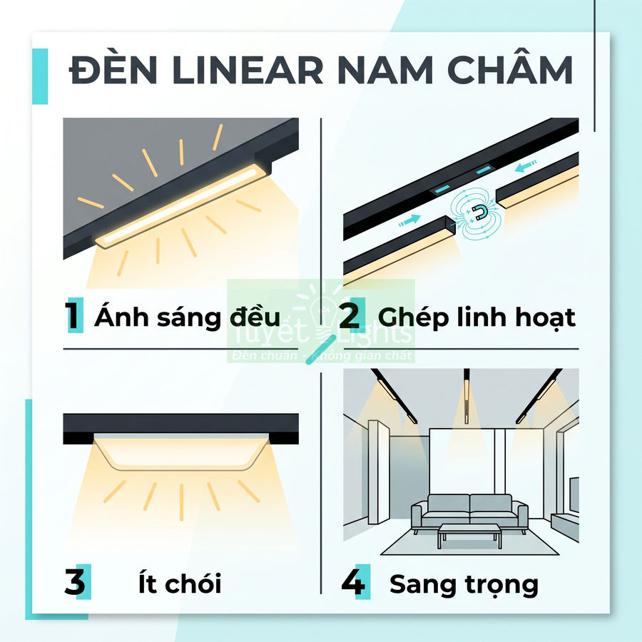 Đèn linear nam châm Tuyết Lights ánh sáng đều ít chói ghép linh hoạt cho không gian phòng khách sang trọng