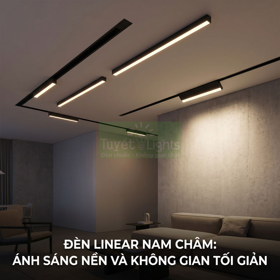 Đèn linear nam châm Tuyết Lights lắp trần phòng khách hiện đại, ánh sáng vàng tạo không gian tối giản