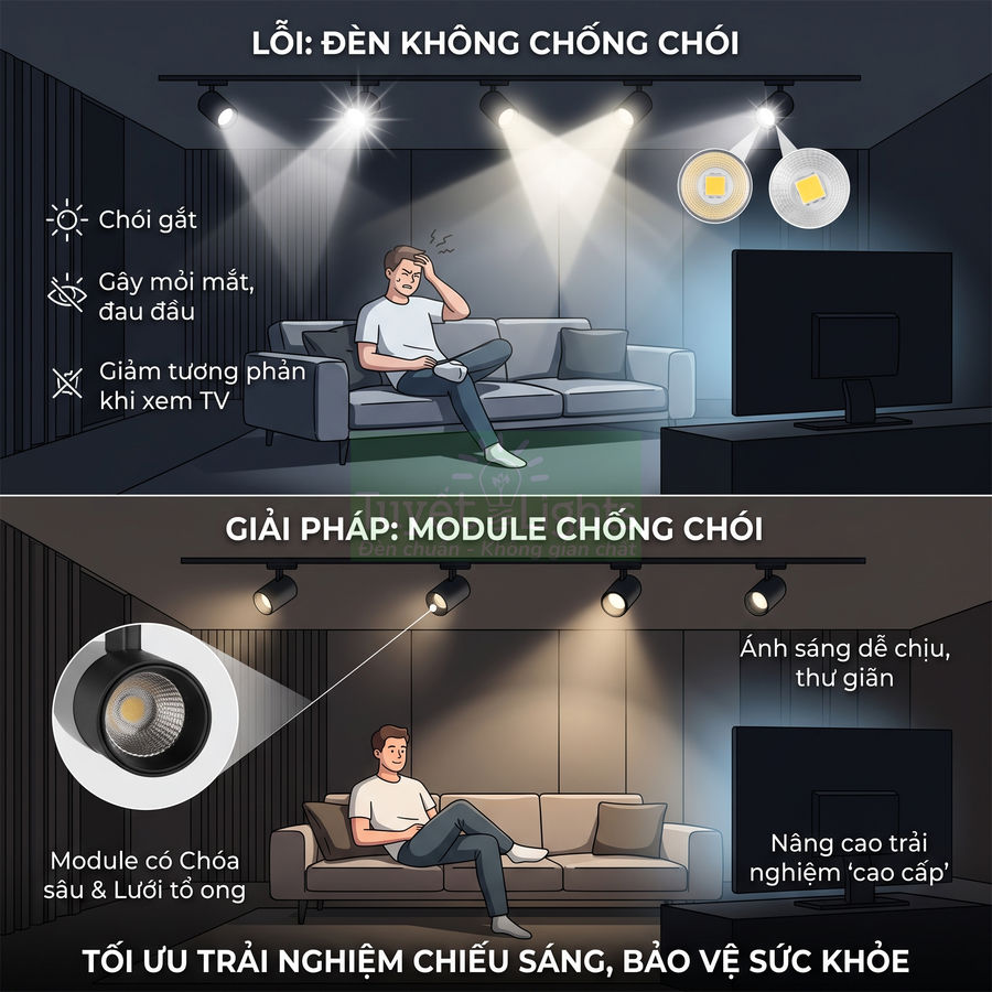 So sánh đèn không chống chói và module đèn chống chói cho phòng khách xem TV, ánh sáng dễ chịu bảo vệ mắt