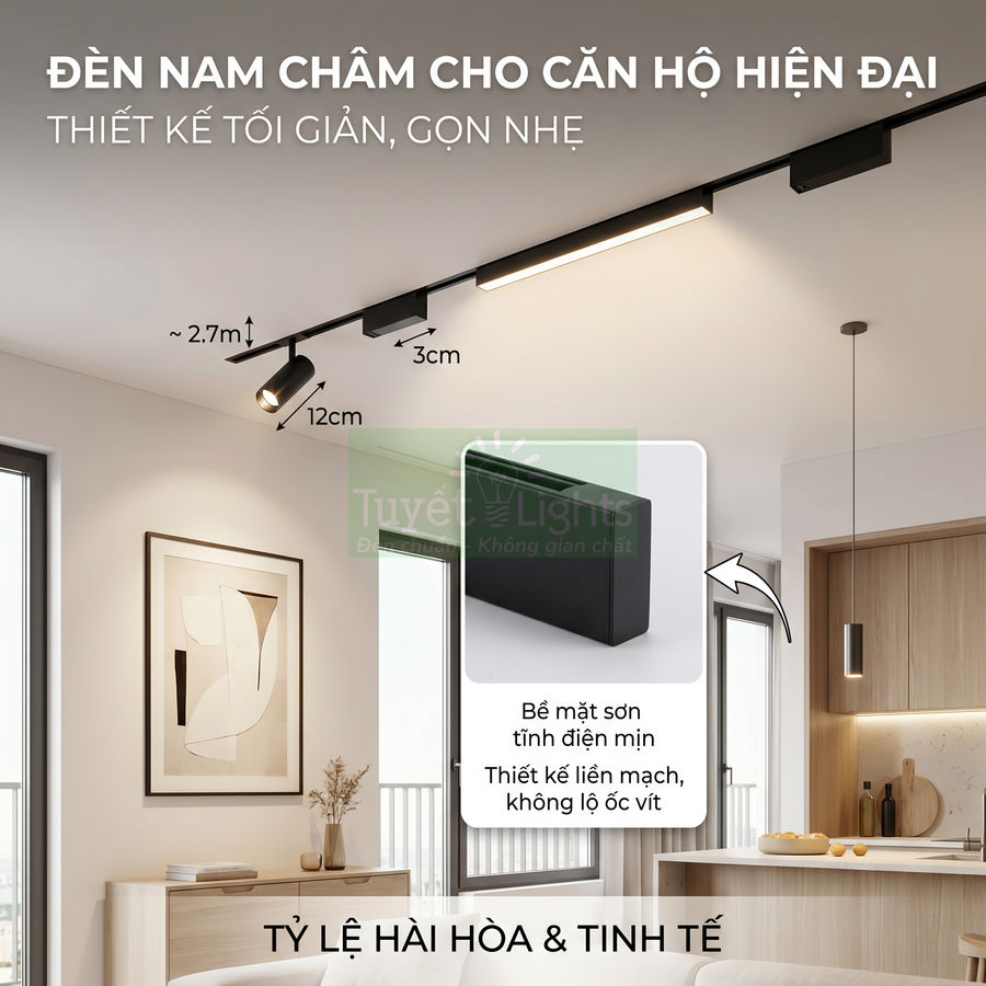 Đèn nam châm Tuyết Lights lắp trần cho căn hộ hiện đại, thiết kế tối giản gọn nhẹ, ánh sáng hài hòa