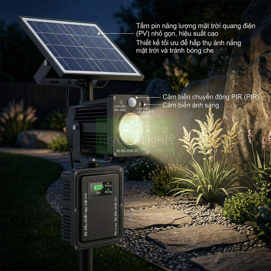 Đèn pha năng lượng mặt trời cảm biến chuyển động PIR chiếu sáng lối đi sân vườn ban đêm