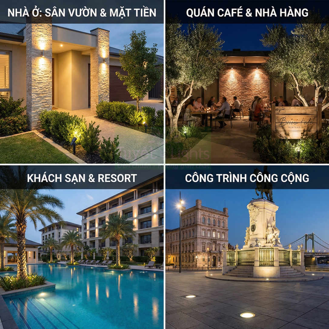 Ứng dụng đèn chiếu sáng ngoài trời cho nhà ở, quán café, khách sạn resort và công trình công cộng