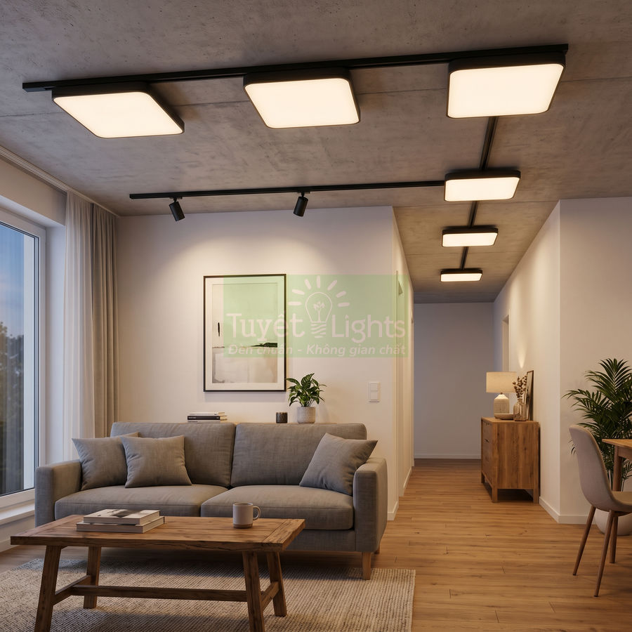 Đèn ốp trần vuông hiện đại Tuyết Lights chiếu sáng phòng khách nội thất gỗ và sofa xám