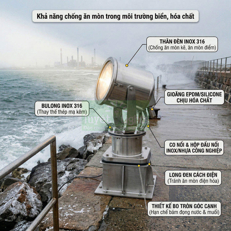Đèn pha inox 316 chống ăn mòn lắp ngoài trời ven biển trên bờ kè đá