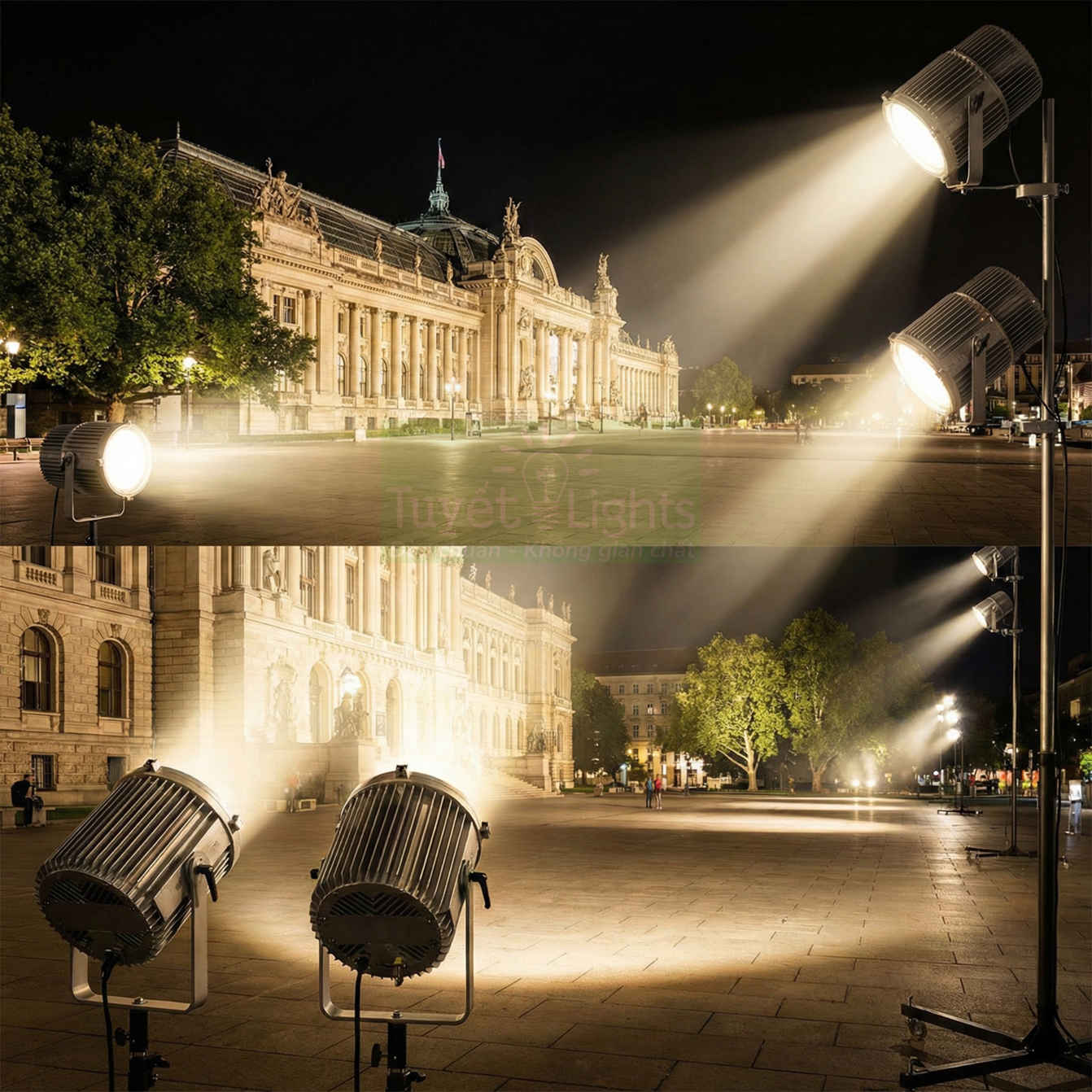 Đèn pha LED công suất lớn chiếu sáng quảng trường và mặt tiền tòa nhà cổ ban đêm