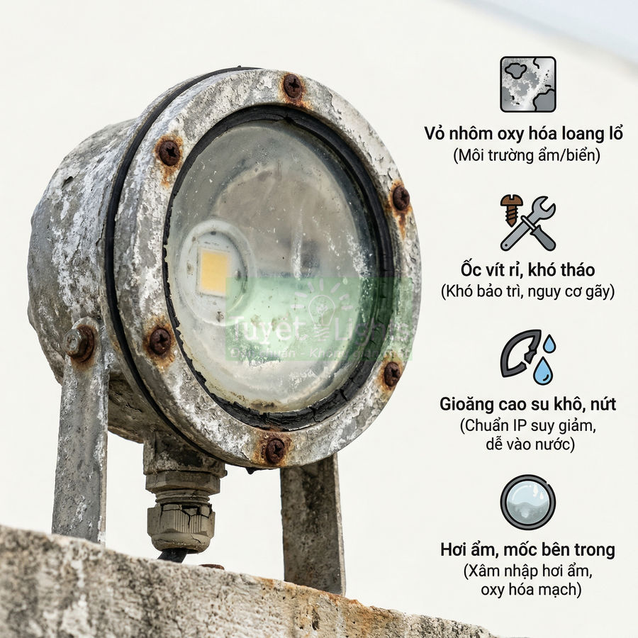 Đèn LED ngoài trời vỏ nhôm bị oxy hóa, ốc vít rỉ sét, gioăng cao su khô nứt, hơi ẩm và mốc bên trong