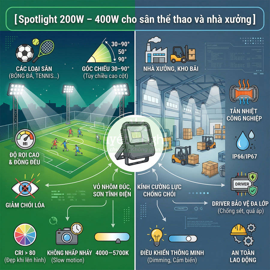 Đèn pha LED spotlight 200W 400W chiếu sáng sân bóng và nhà xưởng, vỏ nhôm đúc, kính cường lực, chống chói IP66 IP67