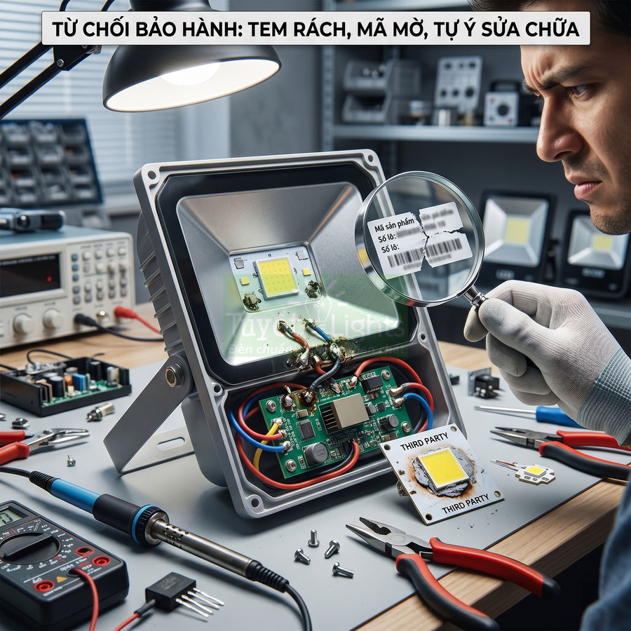 Kỹ thuật viên kiểm tra đèn pha LED bị sửa chữa, tem bảo hành rách và linh kiện thay thế bên thứ ba
