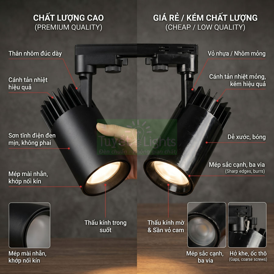 So sánh đèn rọi ray Tuyết Lights cao cấp thân nhôm đúc dày với đèn rọi ray giá rẻ kém chất lượng