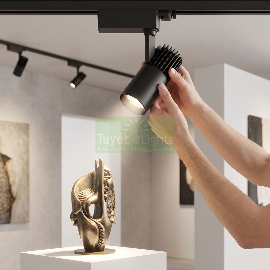 Đèn rọi ray Tuyết Lights màu đen chiếu sáng tượng trang trí trong không gian trưng bày